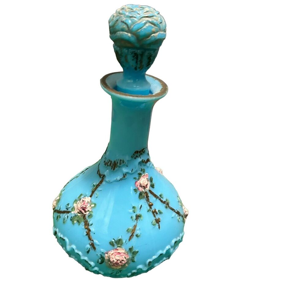 19th Century Antique French Blue Opaline Glass Decanter hand Painted Rose Floral